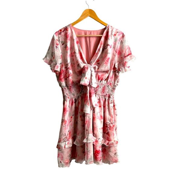 Bow-Tie Front Layered Pink Floral Layered Frill Dress Size Large NWOT 5 0446 - Picture 2 of 11